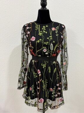 SHEIN Black Long-Sleeve Floral Embroidered Mesh Dress